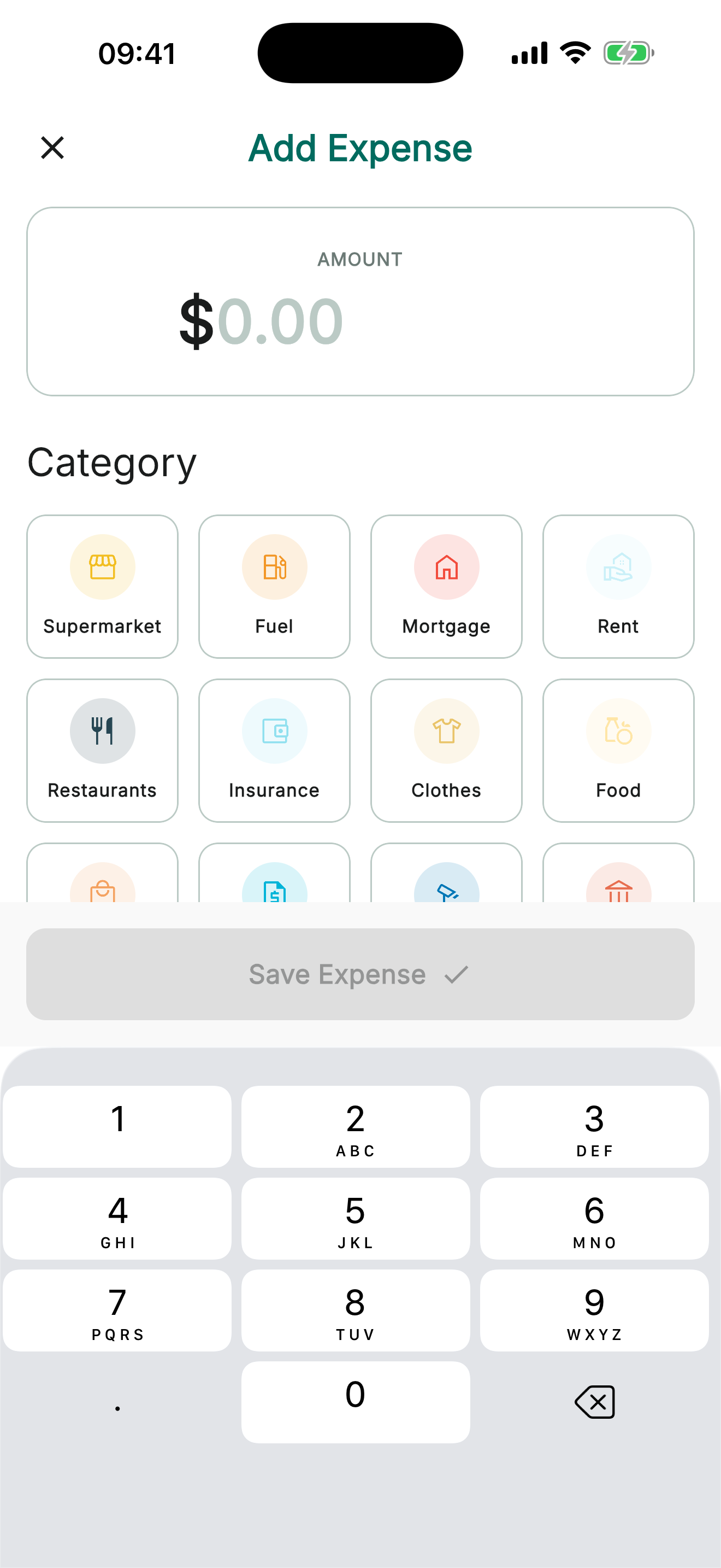 Pivo add expense screen with amount pad and category picker